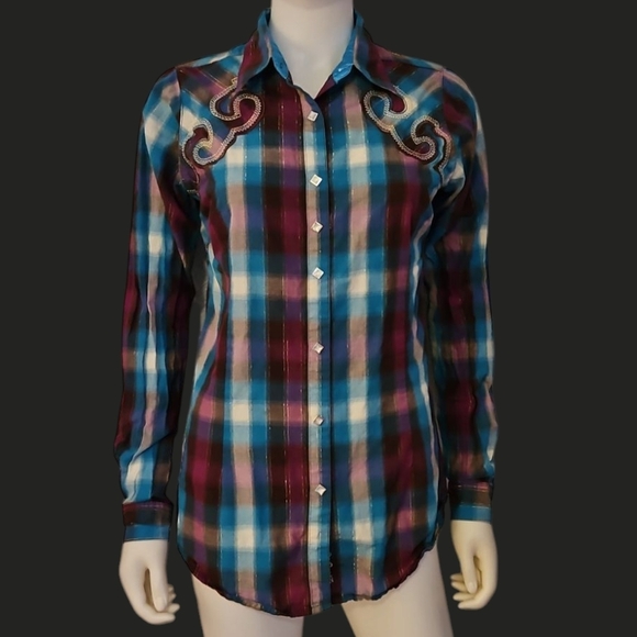 Vtg ROCK 47 1990s Plaid Metallic Long Sleeve Western Snap Shirt - Picture 1 of 9